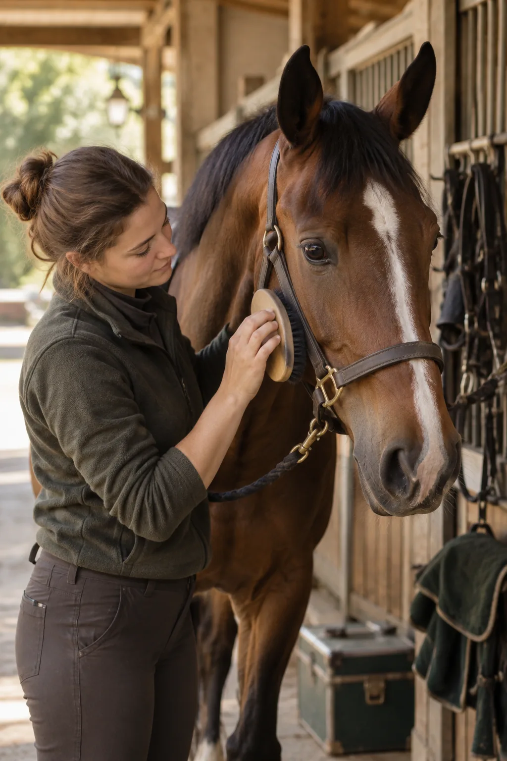 Soin quotidien apporté à un cheval