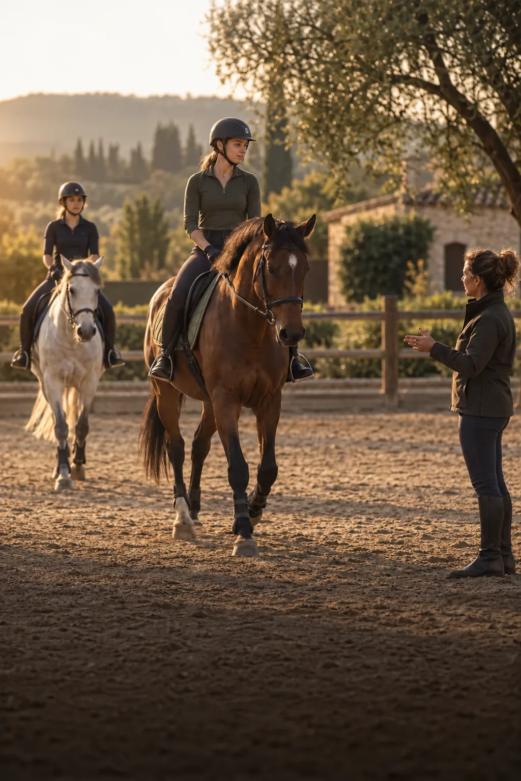 Deux cavalières suivent une reprise avec leur monitrice en carrière
