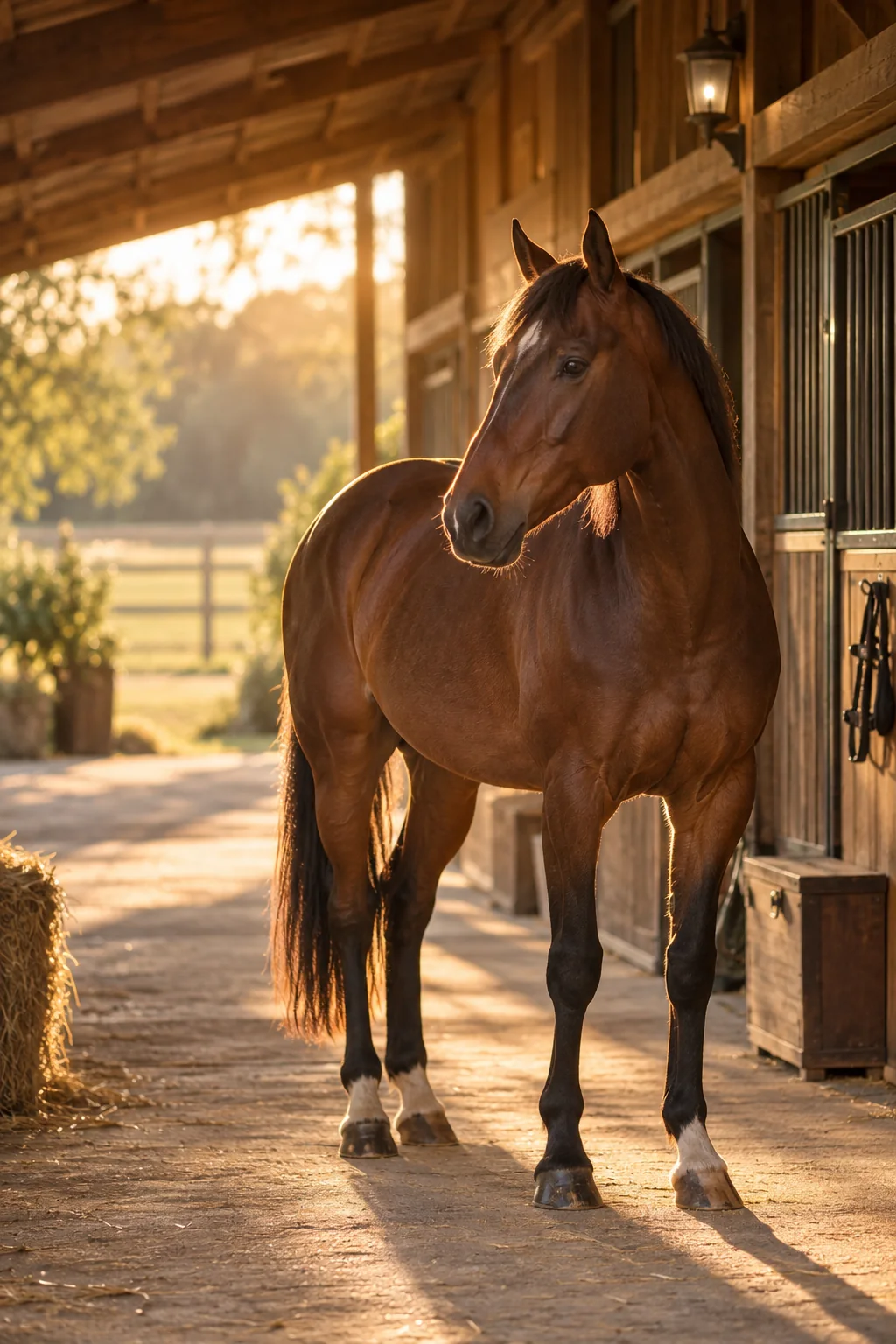 Cheval dans une écurie baignée de lumière